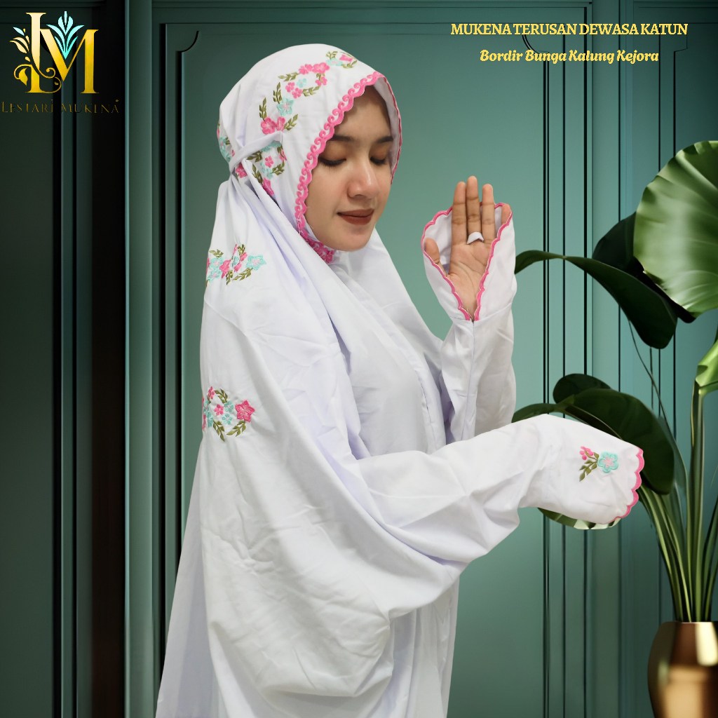 Mukena Terusan Dewasa Katun Polino Motif Bordir Bunga Kejora Indah