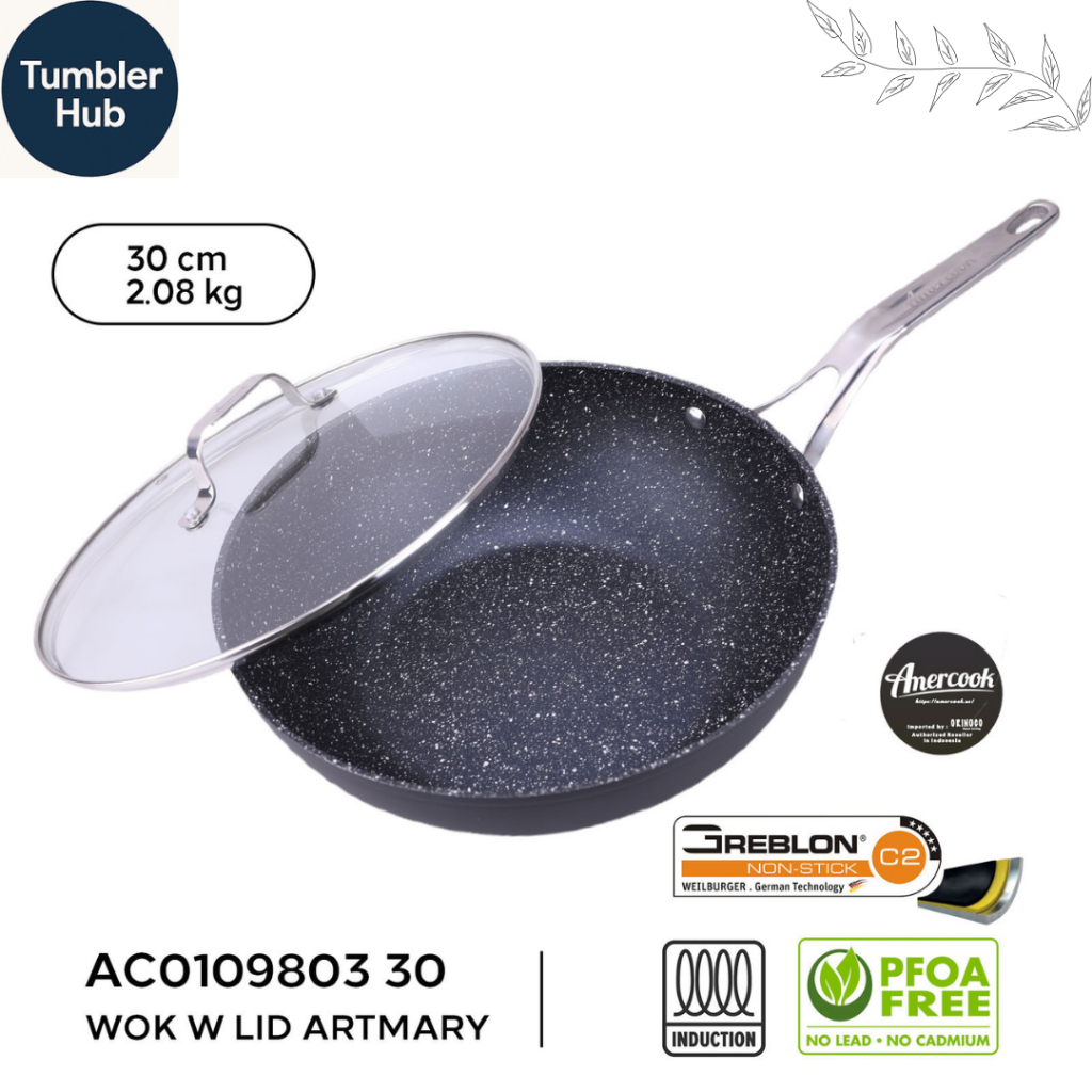 Wajan Set / Presto Amercook Art Mary Wok dengan Tutup Kaca - Greblon C2 Black -Anti lengket