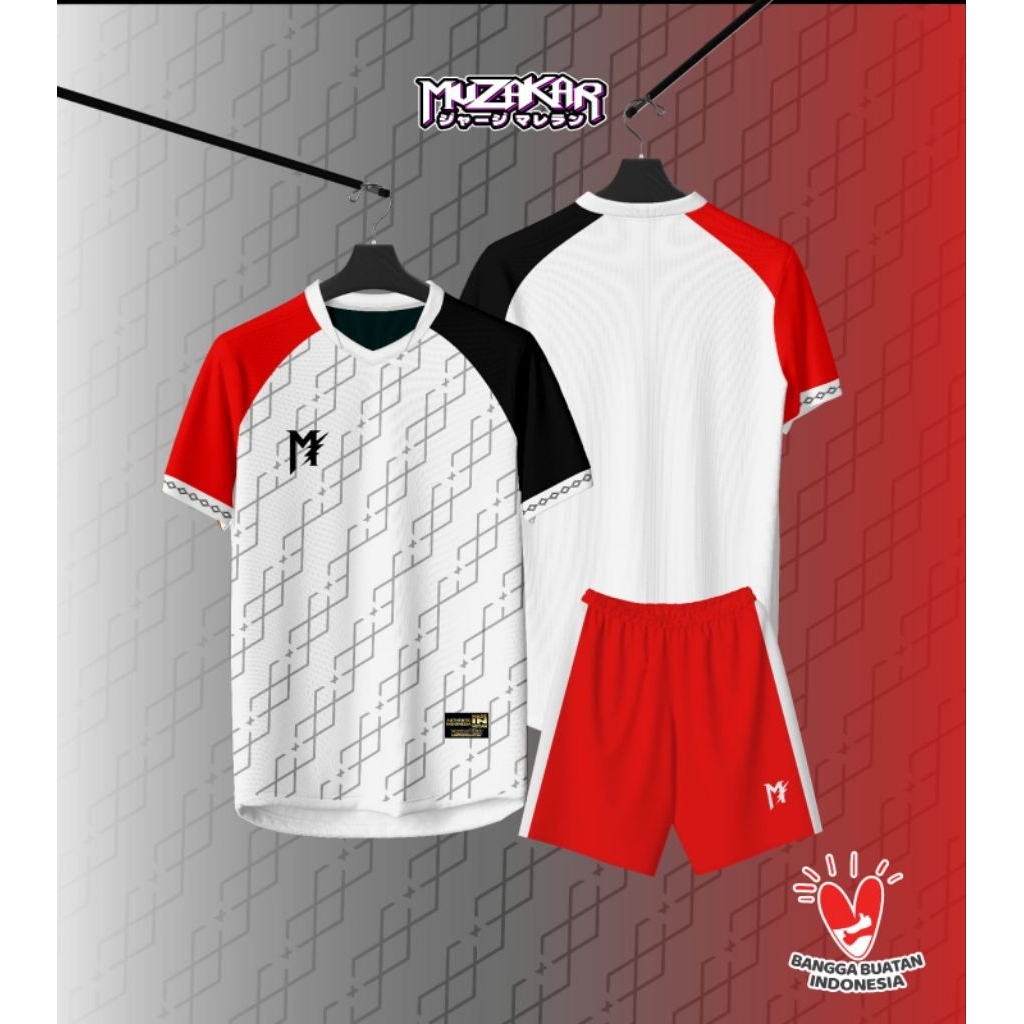 Baju Futsal Setelan Stelan Jersey Bola Putih Hitam Merah Batik , Bisa Sablon