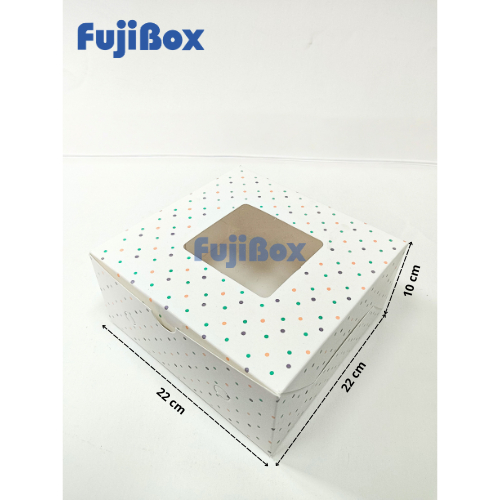 

( 10 Pcs ) Fuji Box Dus Kotak Kue Cake Brownies Pie Ivory Motif Polkadot Warna Warni 22 cm x 22 cm x 10 cm Putih Ivory Premium Jendela