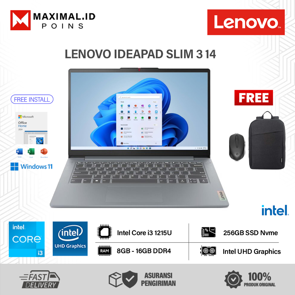 Laptop LENOVO IDEAPAD SLIM 3i 14 Intel Core i3 1215U Ram 16GB 512GB SSD 14 Inch FHD WIndows 11 Home 
