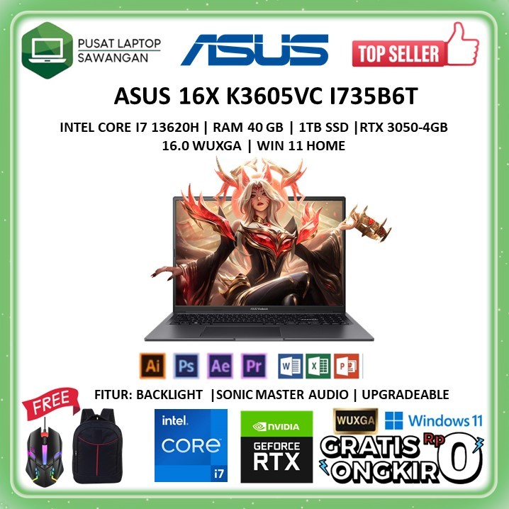 Laptop Gaming Terbaru Asus 16X K3605VC Intel Core i7 13620H Ram 40GB 1TB SSD Windows 11 Original