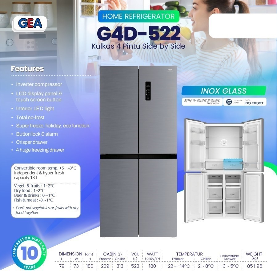 KULKAS GEA G4D-522 SIDE BY SIDE INVERTER 4 PINTU INOX SILVER G4D522 G4D 522