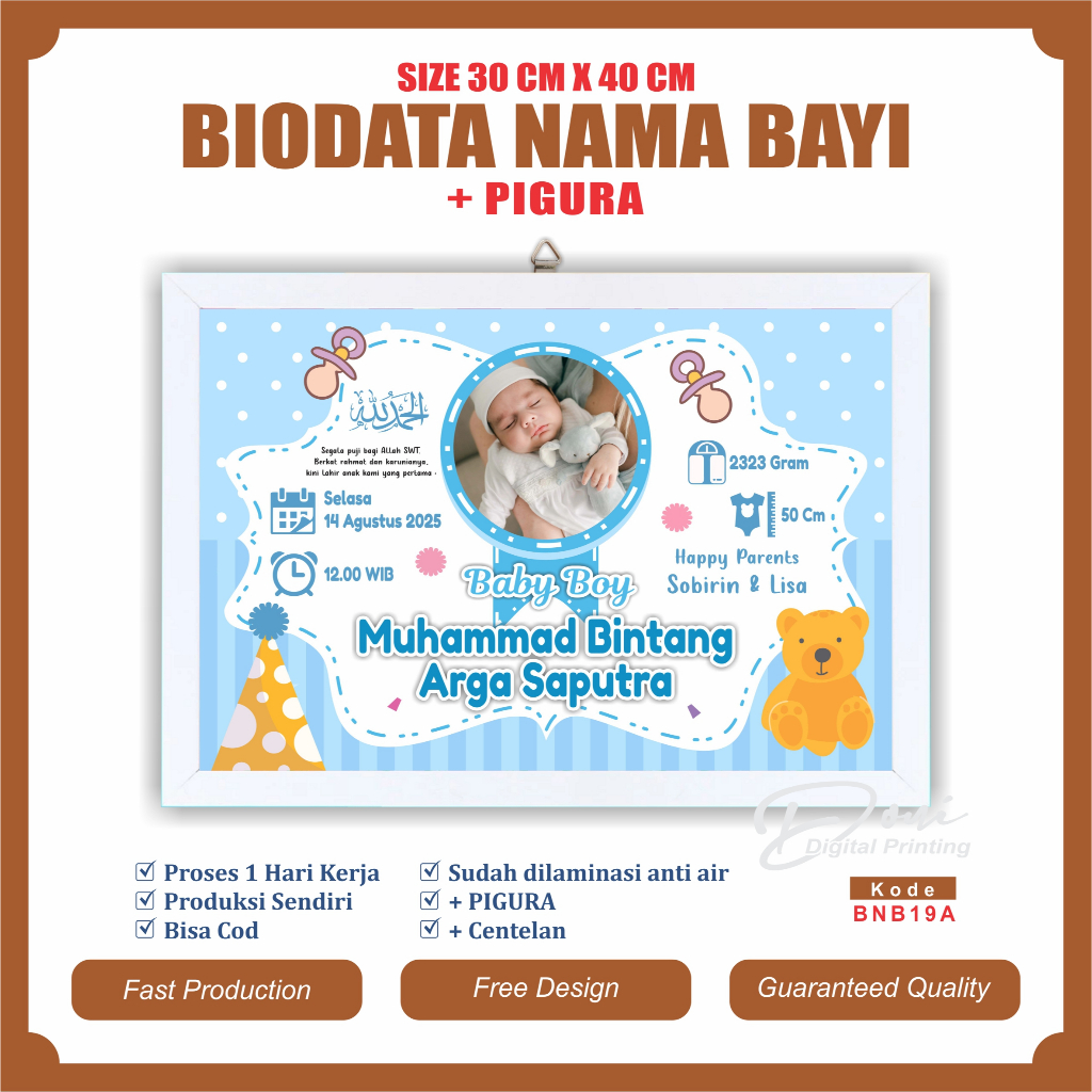 Biodata Kelahiran Bayi + Pigura Ukuran Jumbo 12 R 30 cm x 40 cm BNB19
