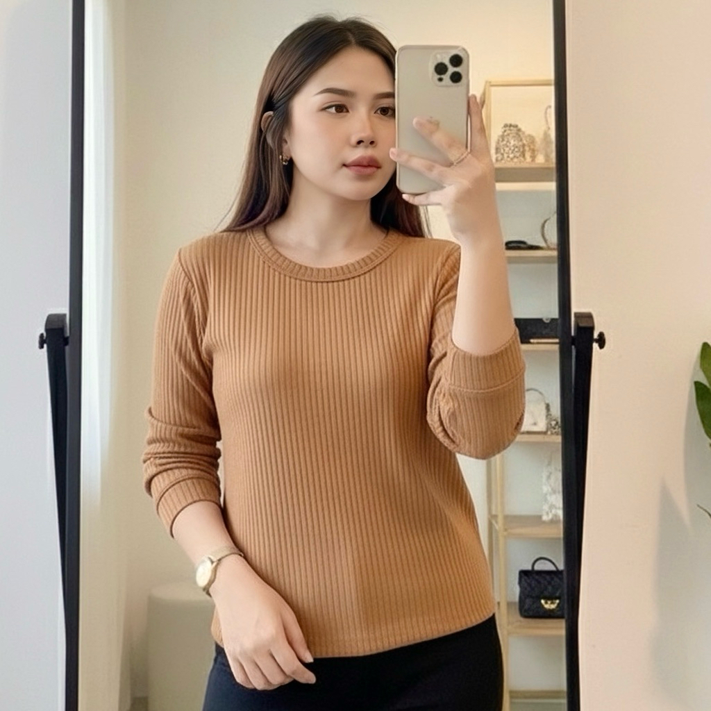 Kaos Lengan Panjang Wanita Rib Premium | Atasan Basic Wanita Lengan Panjang | Atasan Wanita Lengan P