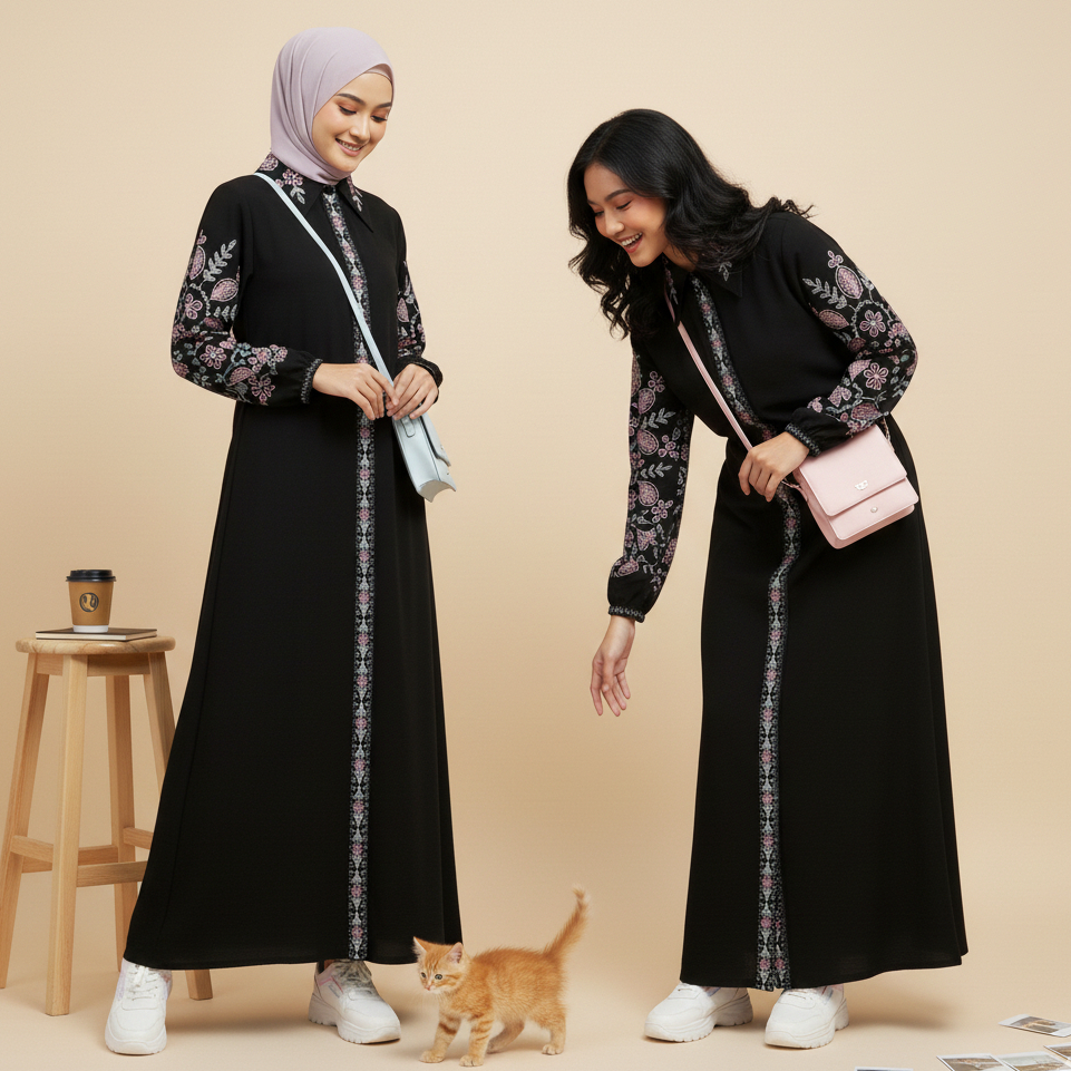 Nur Choices - Gamis Abaya Pastel Bordir Pink Biru Muda Abaya Hitam Turkey Casual Bunga Saku HP 516