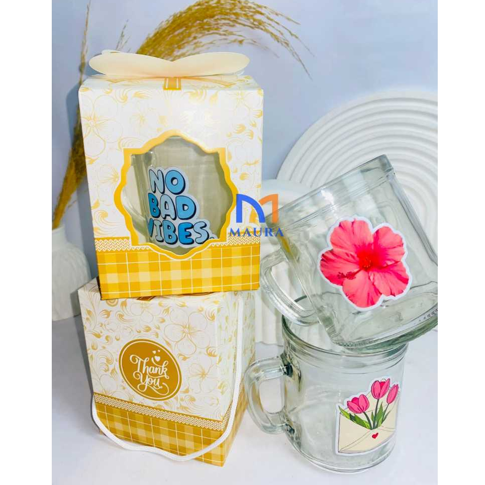 Gelas Tiffany Cangkir Minum Teh Gagang Kaca Container Mug Kopi Custom Sablon Decal Kemas Box