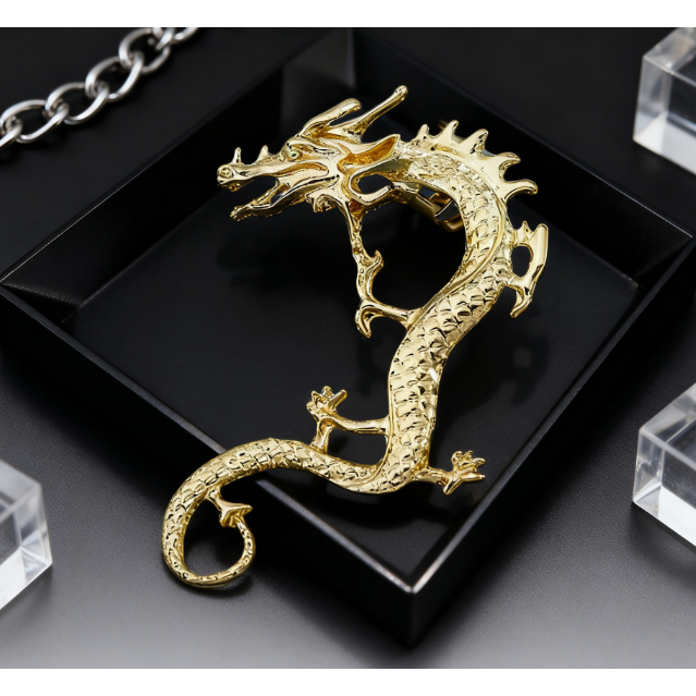 Anting berbentuk naga yang unik, anting naga Tiongkok, anting dari paduan titanium, anting tunggal.