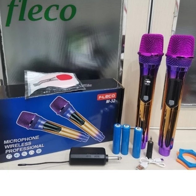 Mikrofon tanpa kabel 2 MIC Microphone Wireless Fleco M32 Karaoke Double