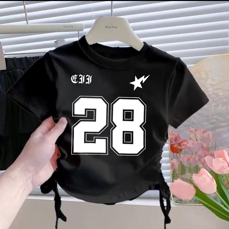 Afakids - Kaos Serut Anak Perempuan Atasan Angka 28 Untuk Umur 1 - 10 Tahun Tali Pinggang