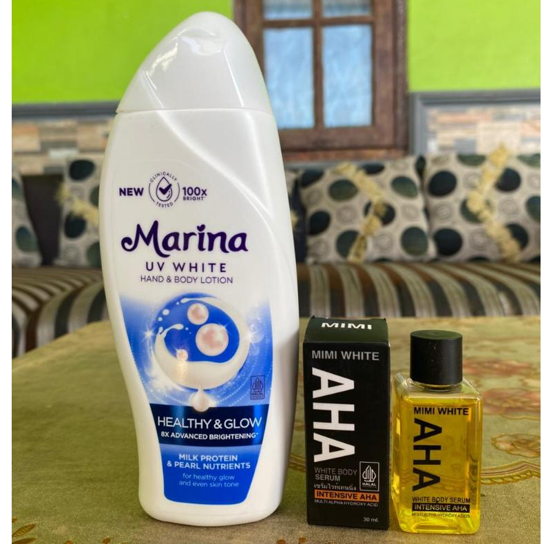 Marina UV White Lotion 185ml Mencerahkan Dan Melembapkan + Paket serum Body MiMi AHA