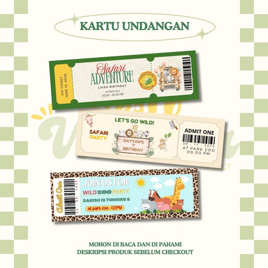 Kartu Undangan Boarding pass tema Safari Jungle Animal – Ulang Tahun, Khitanan, Tasyakuran, Baby Sho