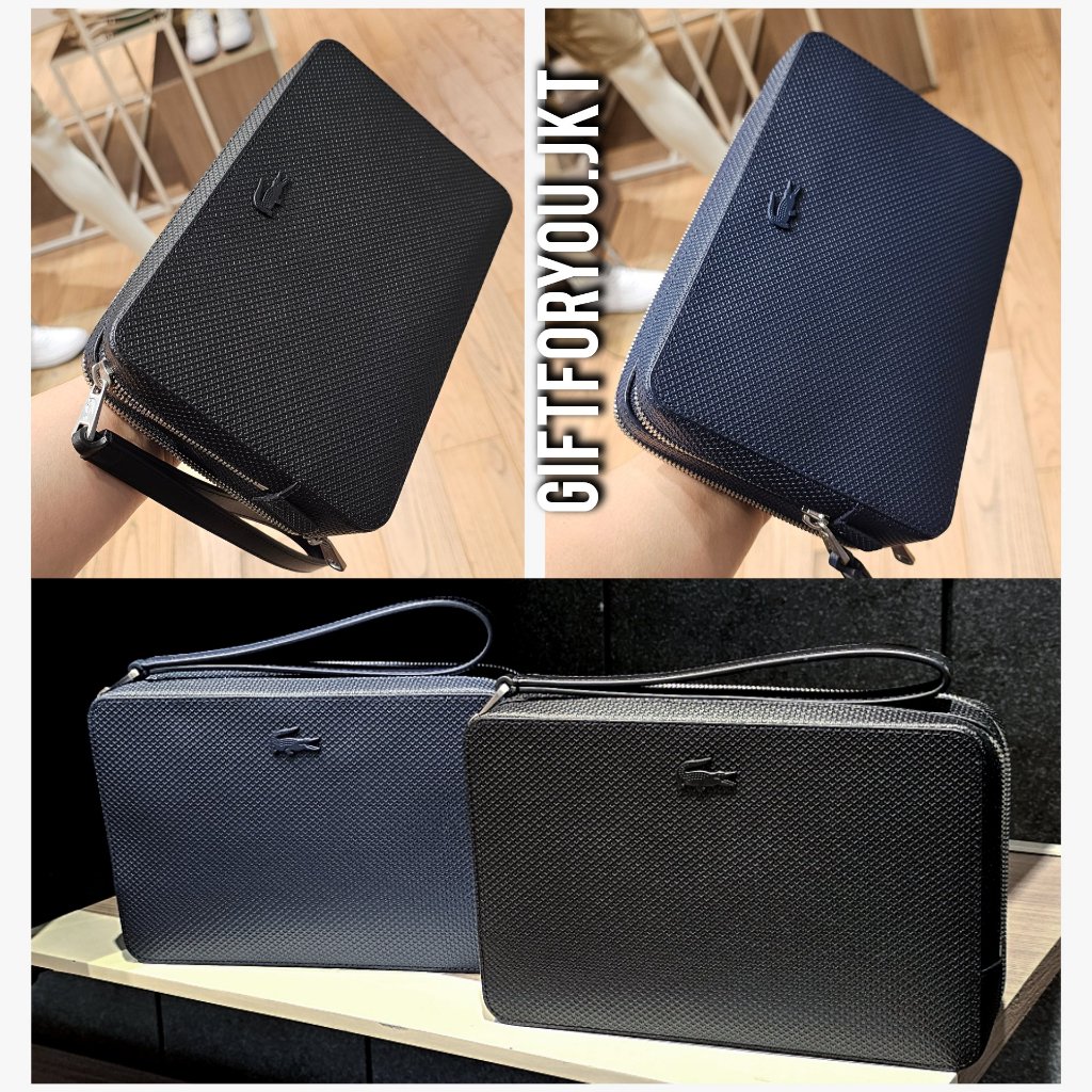 Tas Pouch Pria Lacoste Men's Chantaco Pique Leather Zip Pouch Cowok Bag Black Hitam Branded Original