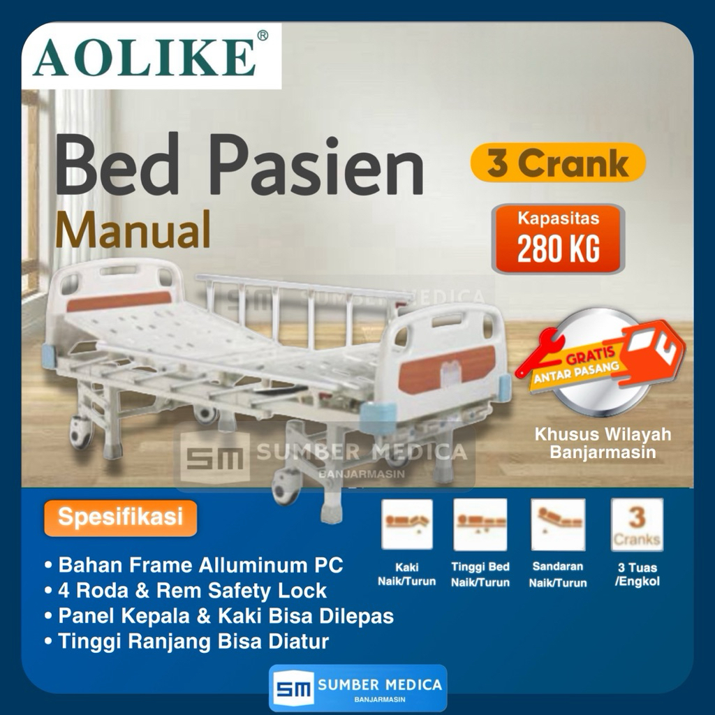 Bed Pasien Manual 3 Crank AOLIKE/Ranjang Pasien Manuan AOLIKE 3 Crank