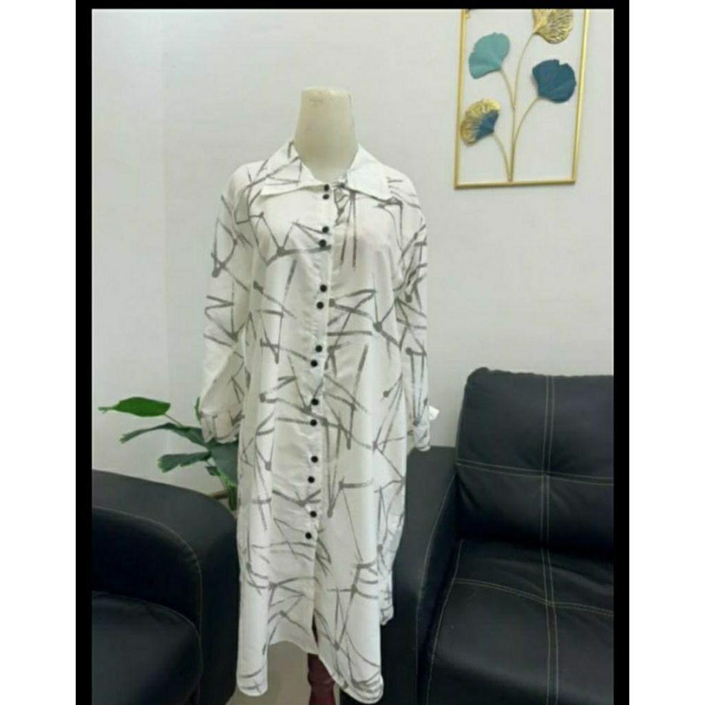 ATASAN TUNIK KEMEJA KATUN MOTIF ABSTRAK LONG BLOUSE WANITA ELEGAN ADEM