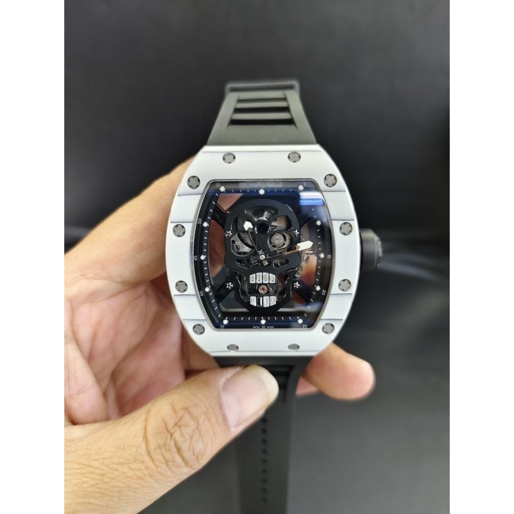 JAM TANGAN PRIA RM 052 SKULL WHITE REAL NTPT CARBON CASE TURBILLON 43MM BLACK RUBBER STRAP