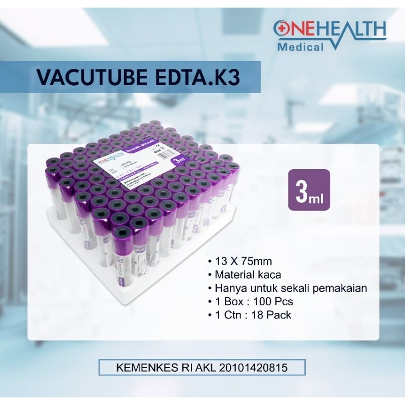 Onehealth Tabung EDTA 3ml Glass Tabung Plain 3ml Tabung Vacutube Plain Tabung Kimia Tabung Darah EDT