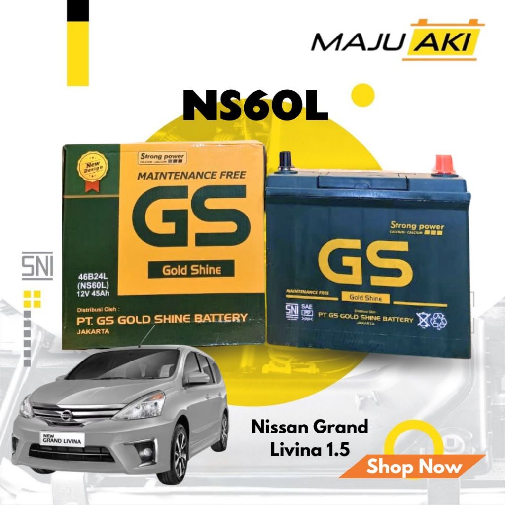 Aki Mobil Nissan Grand Livina 1.5 Aki Kering GS Gold Shine MF NS60L 12V 45Ah