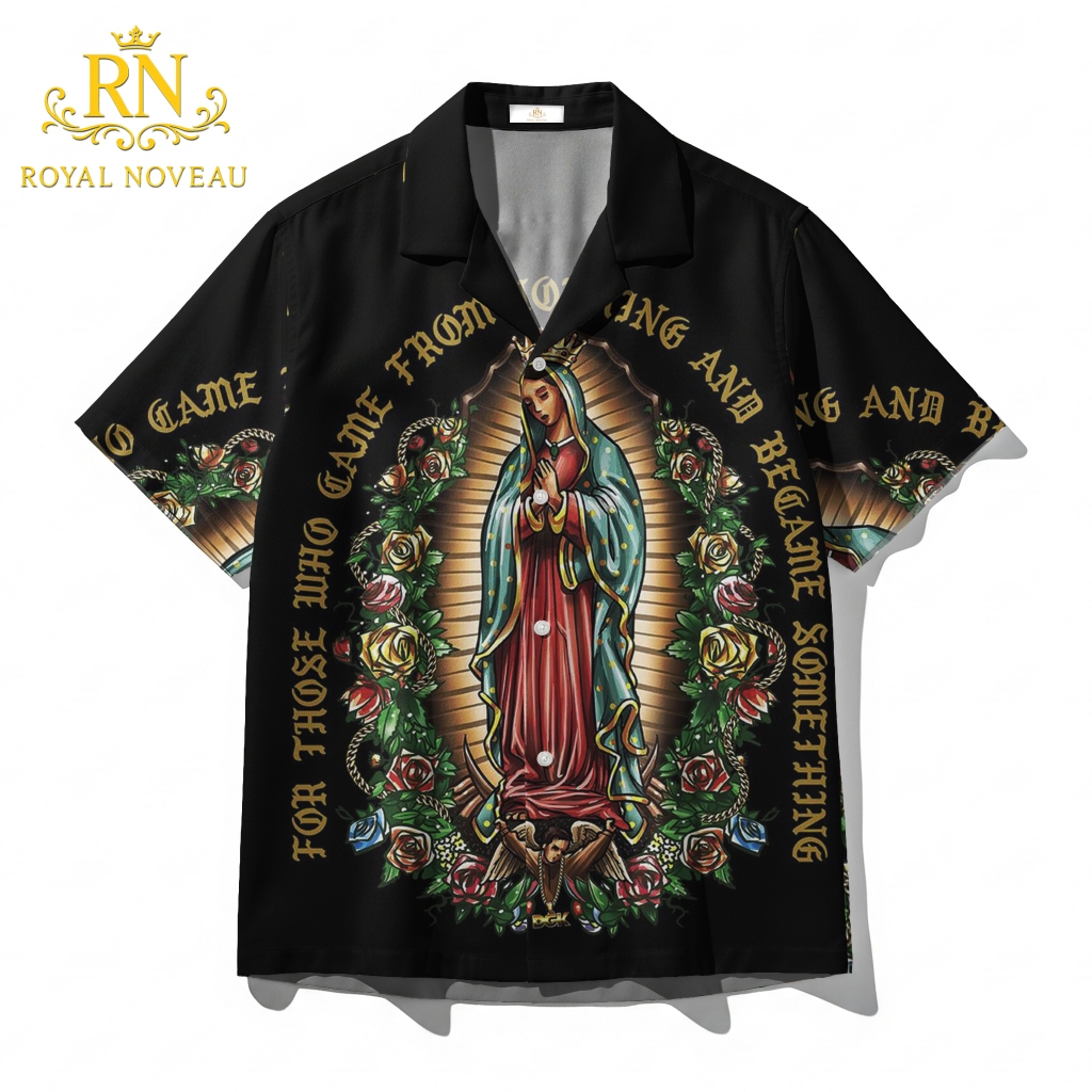 RN Kemeja Hitam Pria Motif Bunda Maria Guadalupe Rohani Katolik