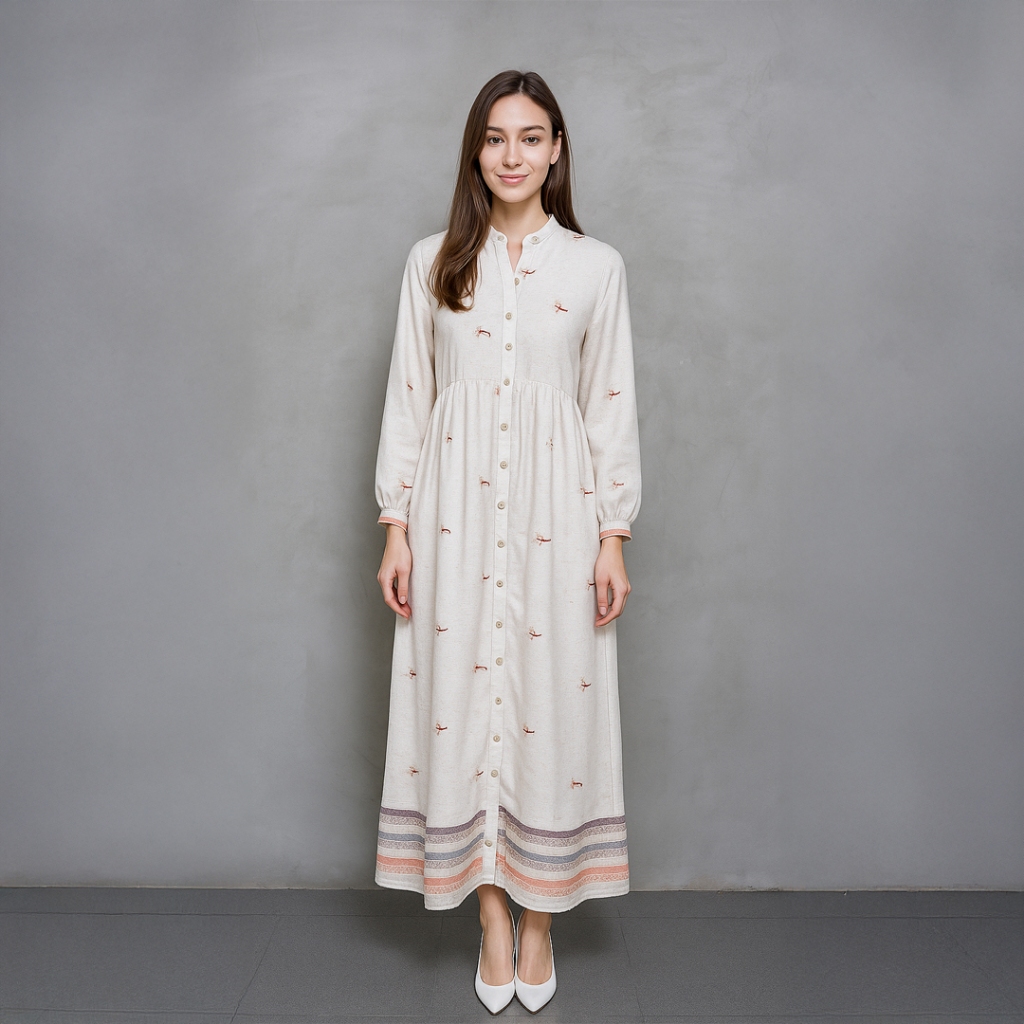 Triset LD8004401 Dress Wanita Dark Cream Loose Lengan Panjang Katun Polyester