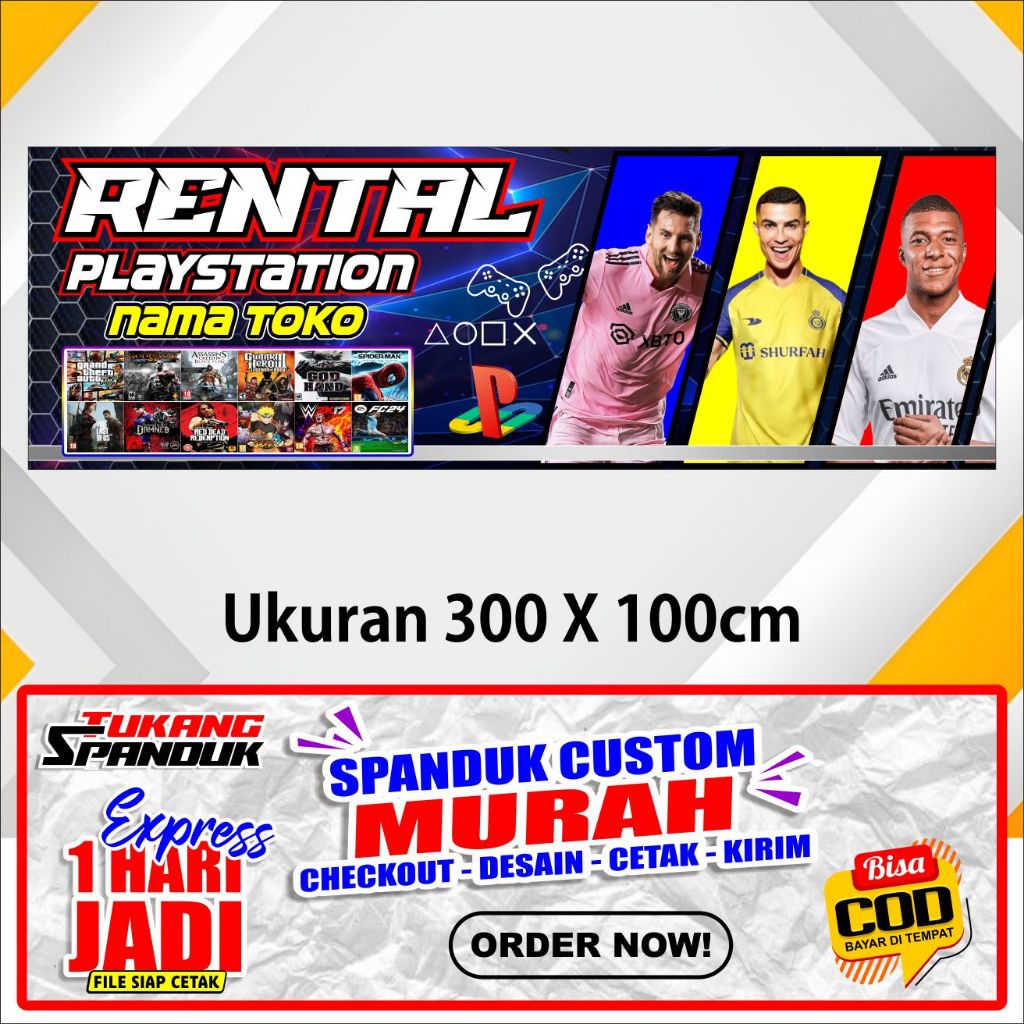Banner RENTAL PS , Spanduk RENTAL PLAYSTATION , ukuran 300X100 cm, COD / Banner RENTAL PS , Spanduk 