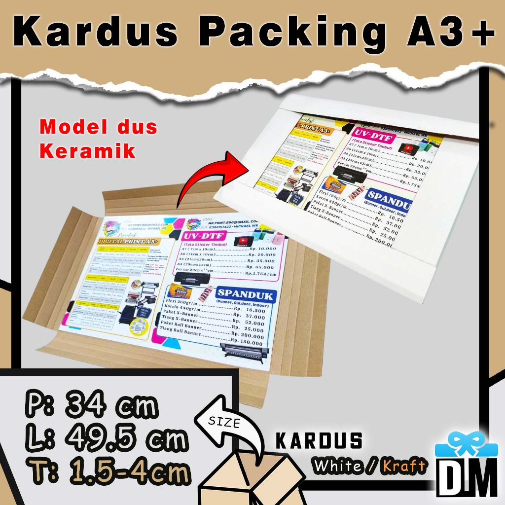 

Kardus Dus A3+ A3 plus Dus 50 x 34 tinggi max 4 cm model keramik cerramic new model Packing Kertas Percetakan Digital Print