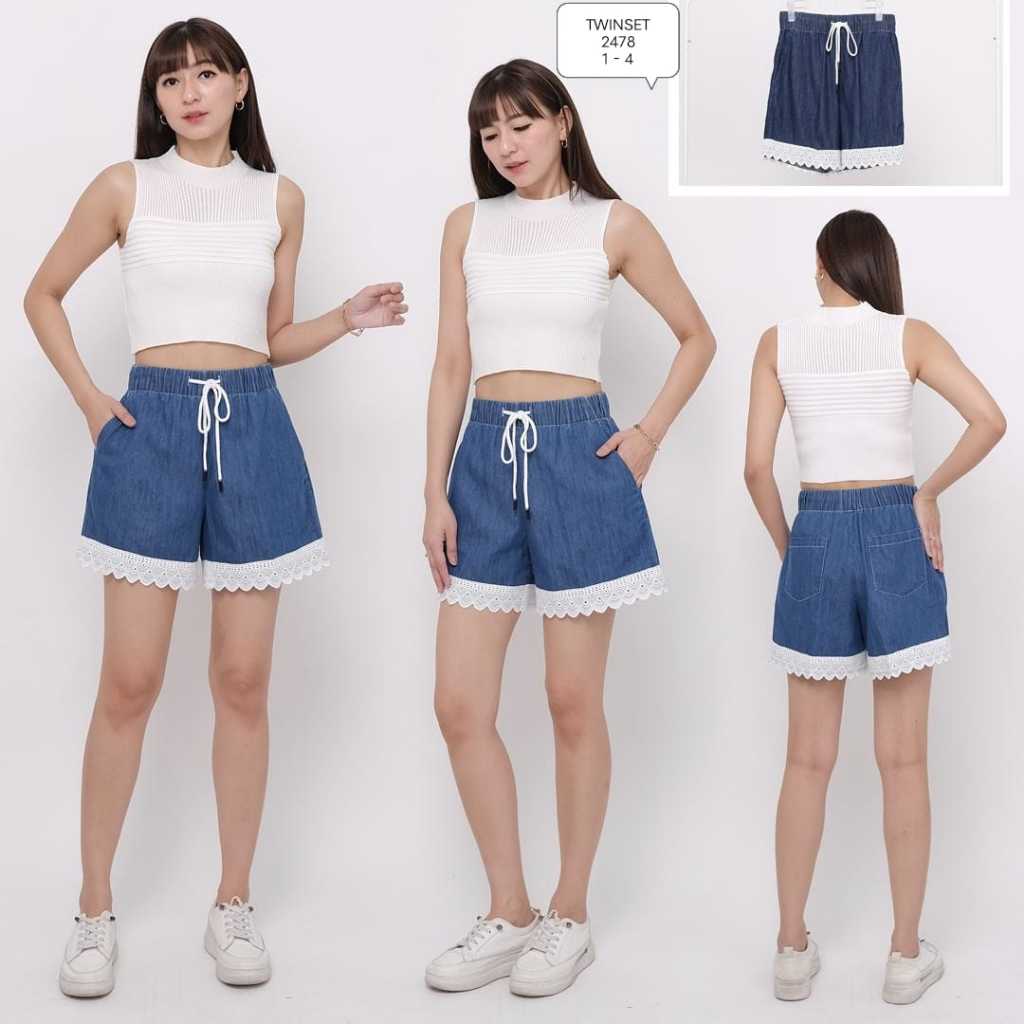 Celana Pendek Wanita Model Renda Bahan Soft Jeans Pinggang Karet Tali - TWINSET 2478 Biru, Navy