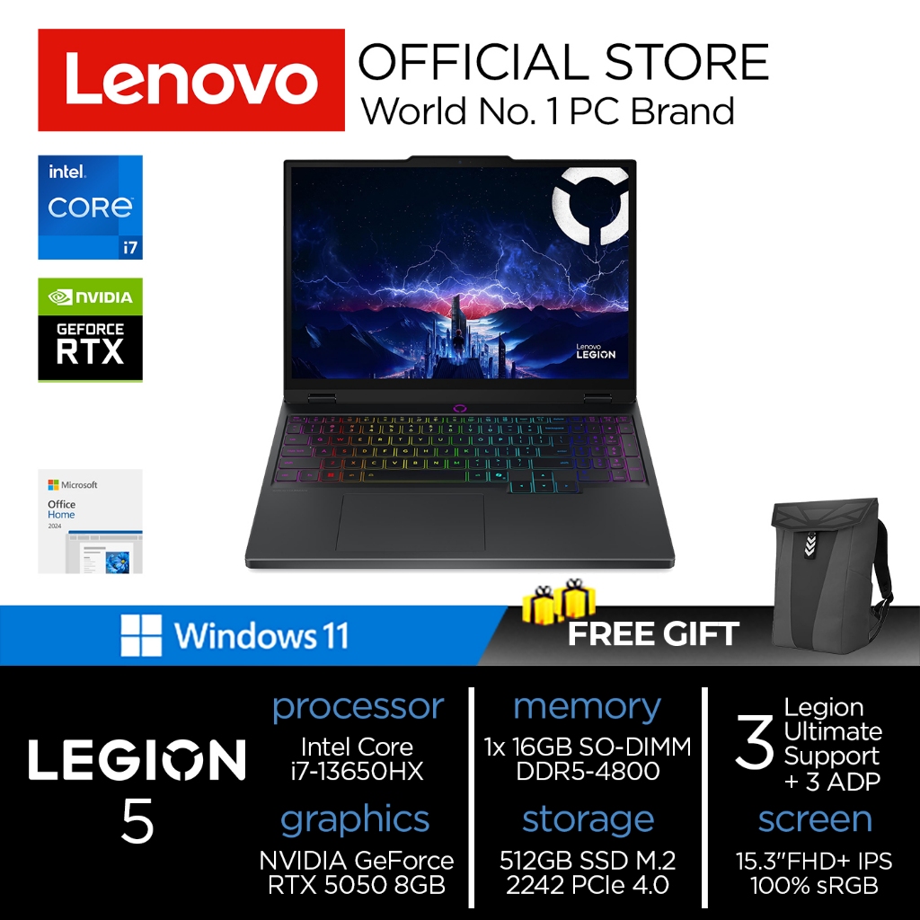 Lenovo Legion 5i 15IRX10 RTX5050 i7-13650HX 16GB 512GB RTX5050 15.3 WUXGA 165HZ W11+OHS++M365B