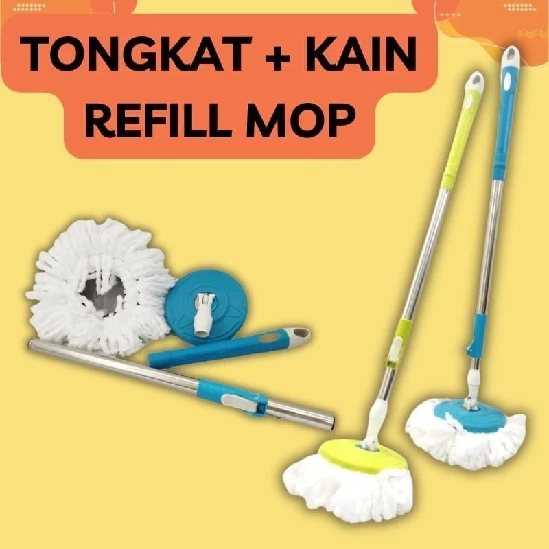 SET REFILL ALAT PEL LANTAI SPIN MOP FREE KAIN PEL TONGKAT GAGANG SAPU LAP