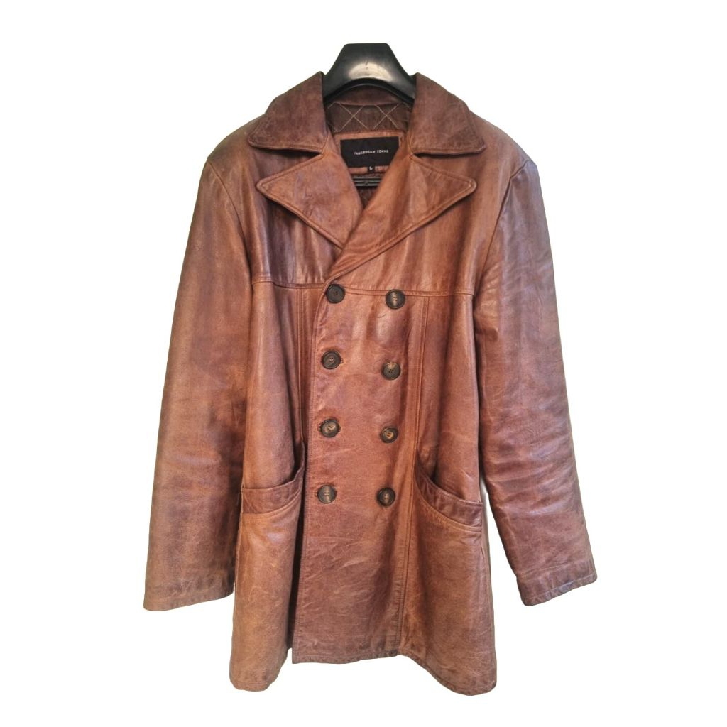 Vtg James Dean Jeans Leather Peacoat Jacket Distressed Brown X Jaket Kulit Jubah Blazer Schott 740 N