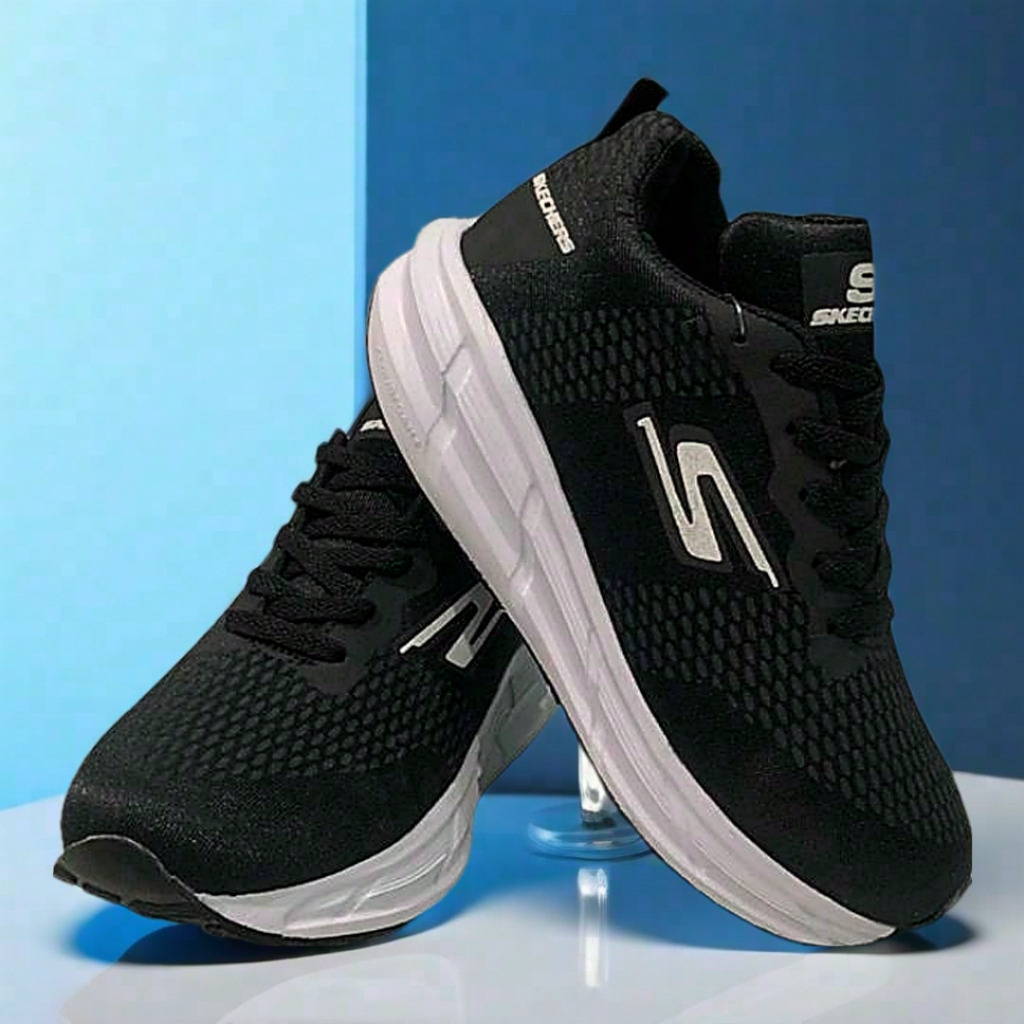 Sepatu Skechers Pria Wanita Hitam Putih Mesh Elastis