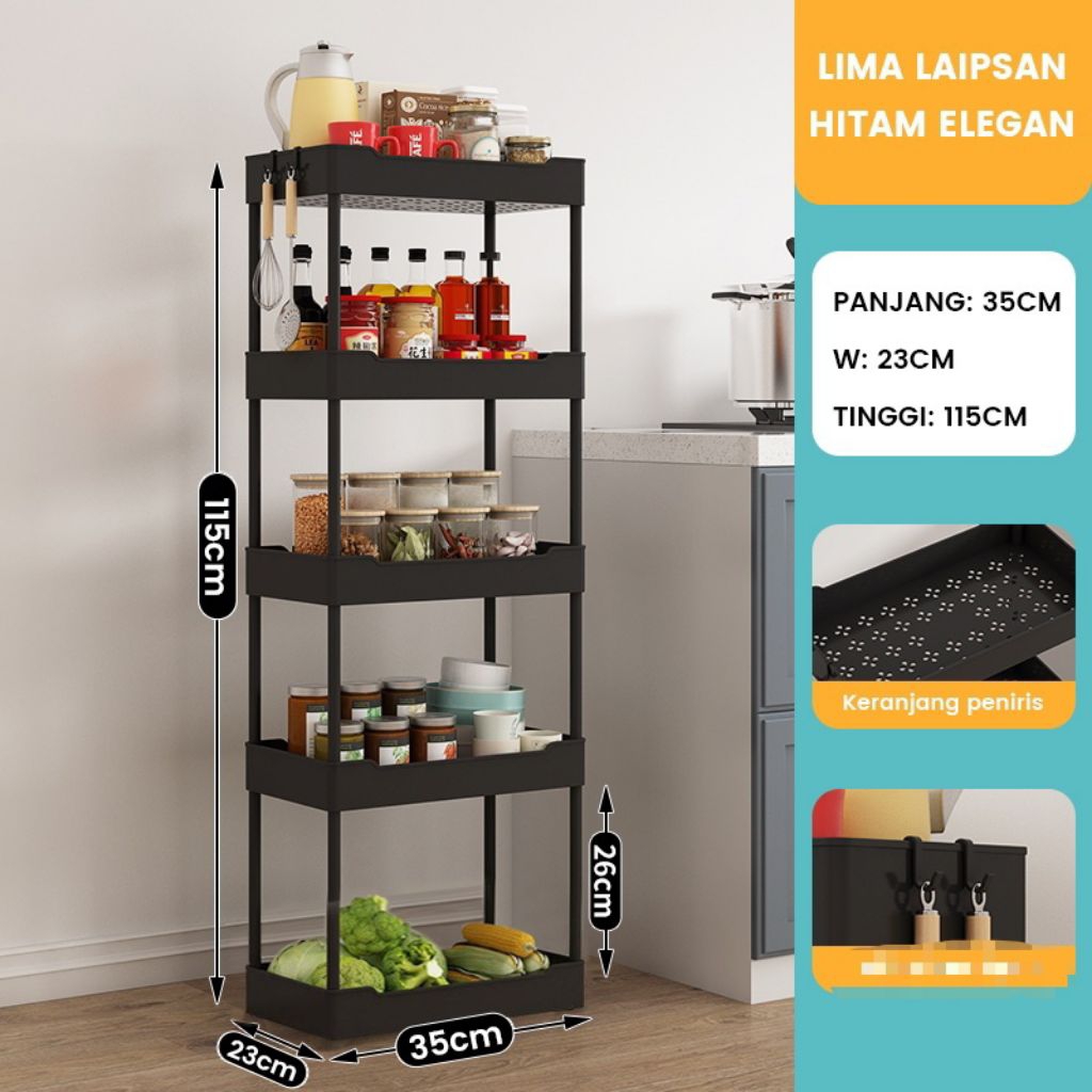 Rak dapur troli plastik 5 susun serbaguna