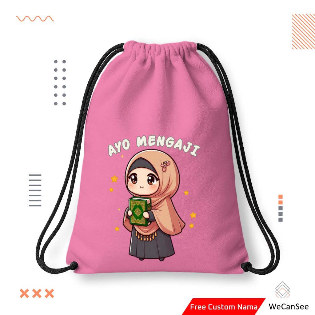 Tas Serut | Tas Serut Anak | Tas Serut Anak Ayo Mengaji Custom Nama | Stringbag | Tas Serut Custom N