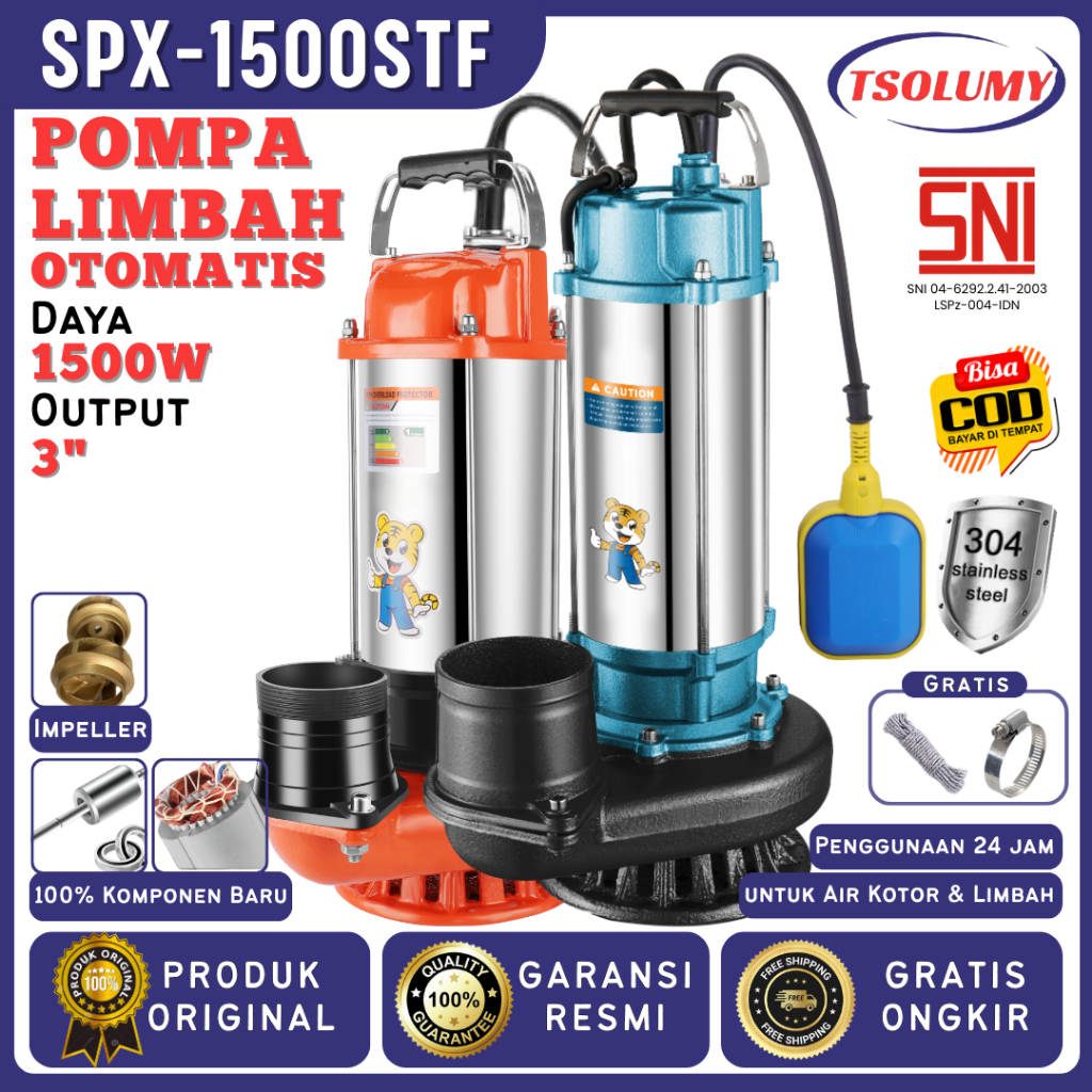 Tsolumy Celup Air Kotor Lumpur Otomatis SPX-1500 STF Pompa Celup Pompa Sawah Pompa Kolam Ikan