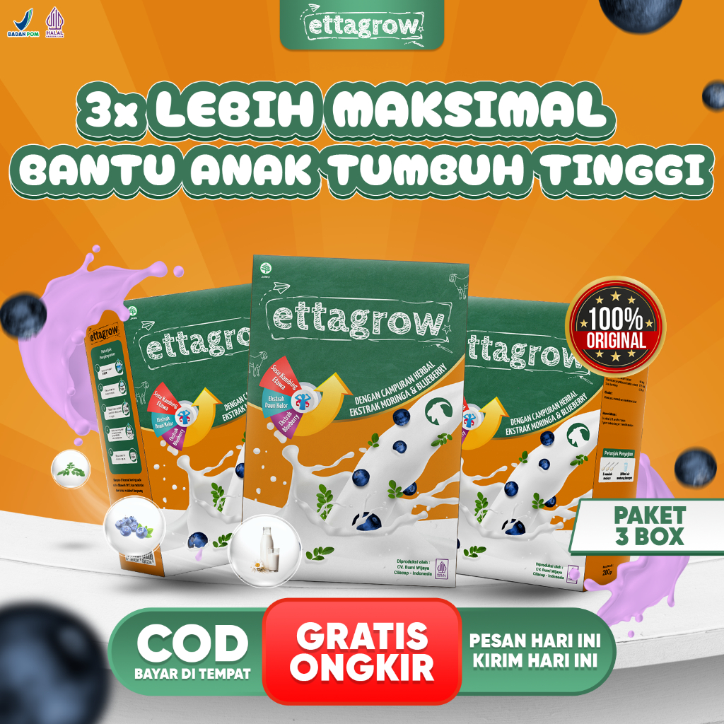 3 Box Ettagrow Susu Kambing Herbal Bantu Maksimalkan Tinggi Badan Anak Usia 3-12 Tahun Halal BPOM