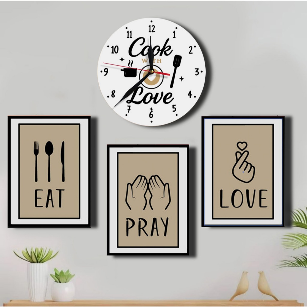3 Hiasan dinding EAT + Jam dinding Cook Walldecor dapur