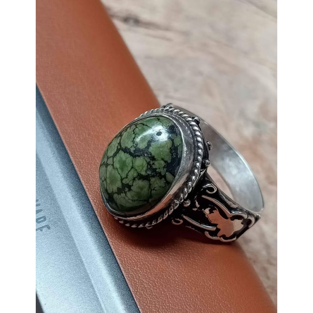Cincin Batu Hijau Pirus Xinjiang Asli Ring Perak Handmade Elegan