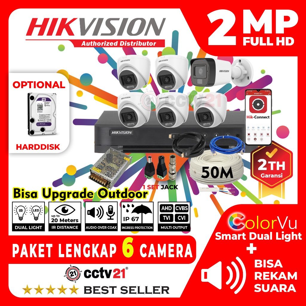 Paket Lengkap CCTV MIC AUDIO HIKVISION 6CH / 6 Channel Kamera HD 2MP