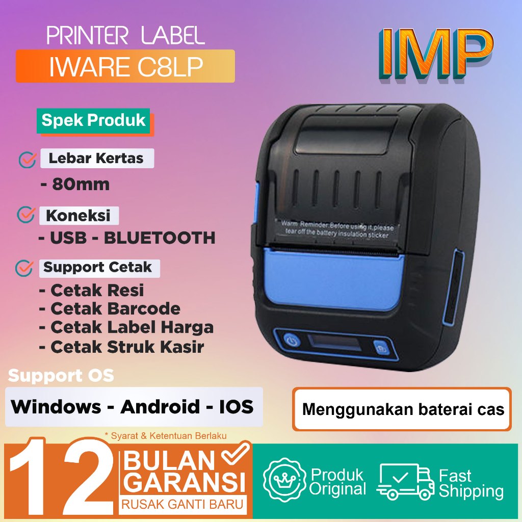 Printer Thermal Label Barcode Portable 80mm Usb Bluetooth Iware IW80LP