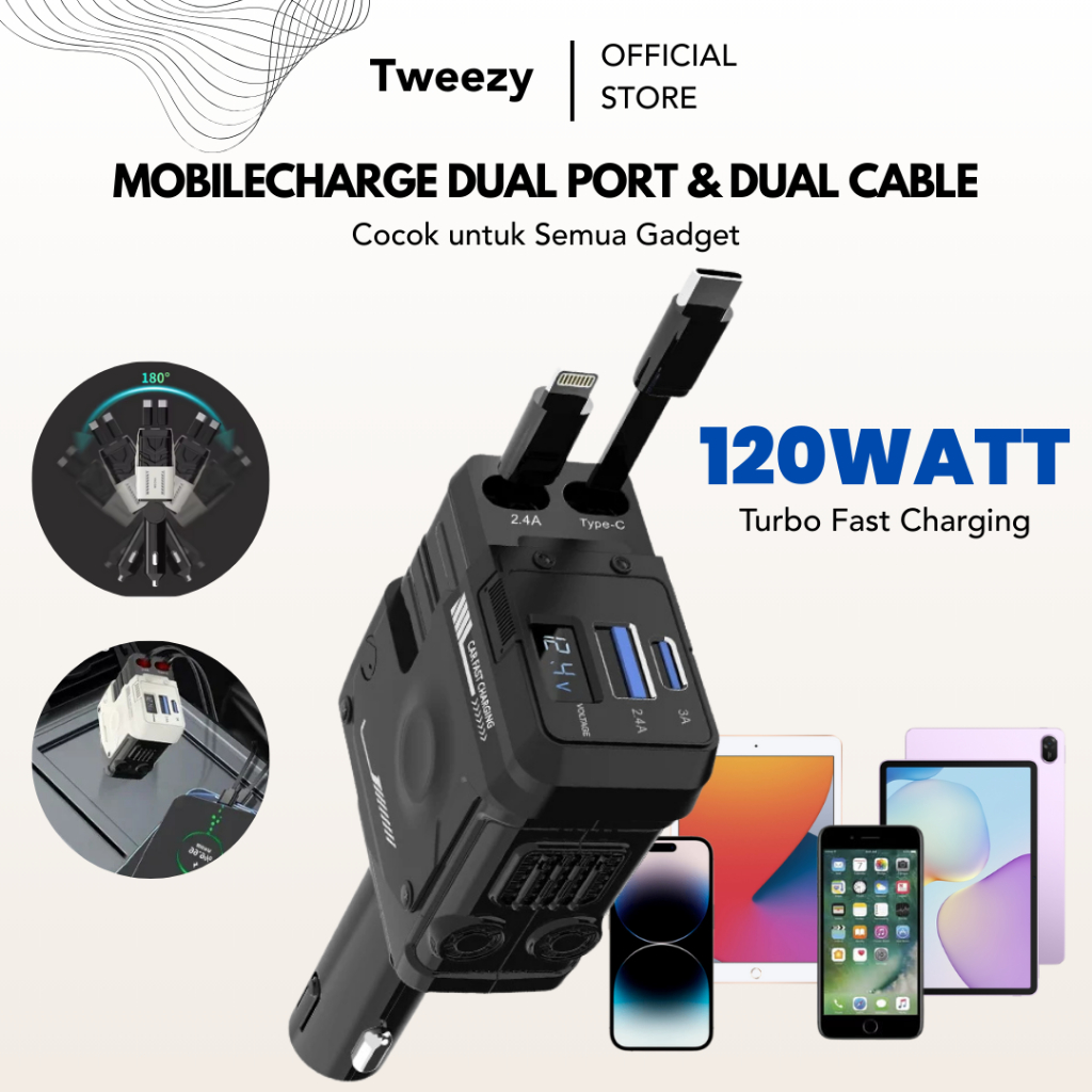 Charger Mobil 120W Fast Charging 4 in 1 Port USB Type C Lightning Retractabel Cabel For IOS Android