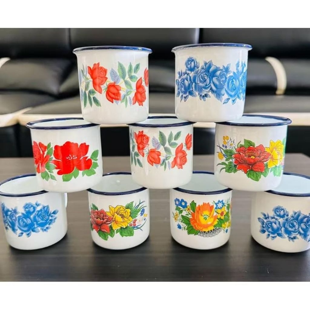 (12 Pcs) Cangkir Seng Lurik Enamel Jadul Cangkir Jadul Gelas Mug Enamel Seng Bunga Polos Diameter 7 