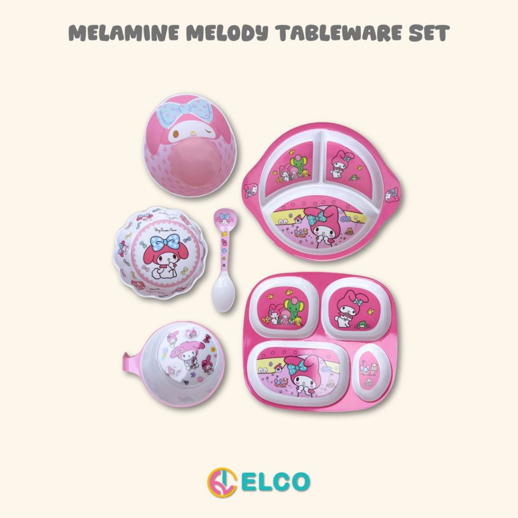 ELCO premium melamine my melody kids plate spoon tableware set / piring sendok anak bahan melamin my