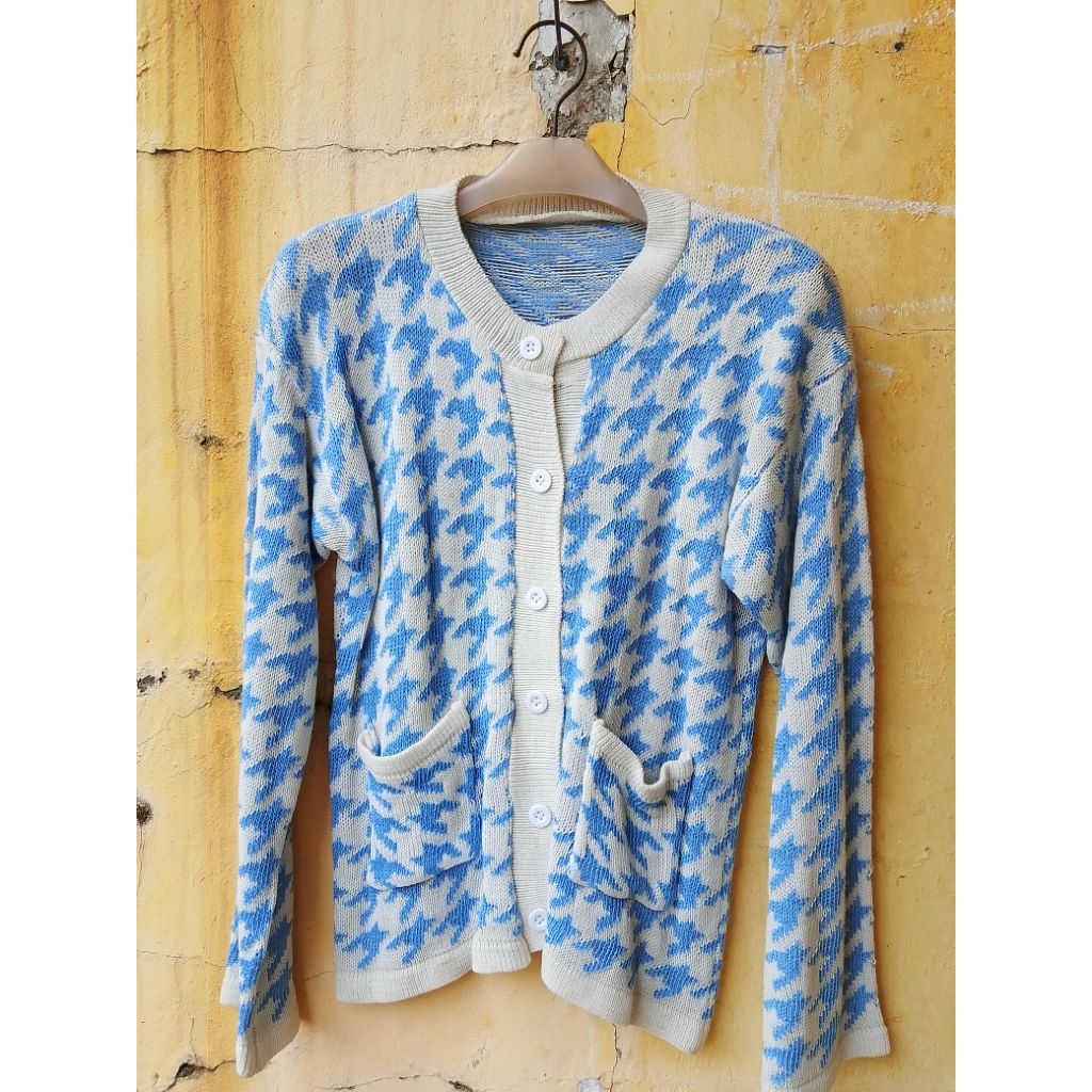 Cardigan Rajut Houndstooth Saku
