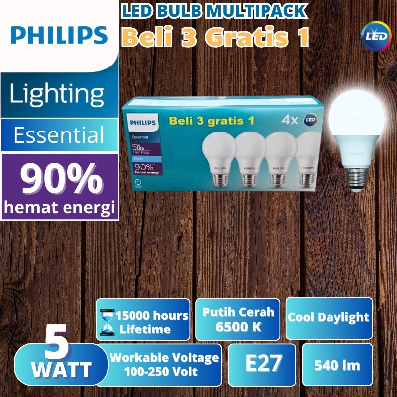 Lampu Philips LED Essential 5W Putih Philips 5 Watt Multipack Paket 3+1 Asli Bergaransi