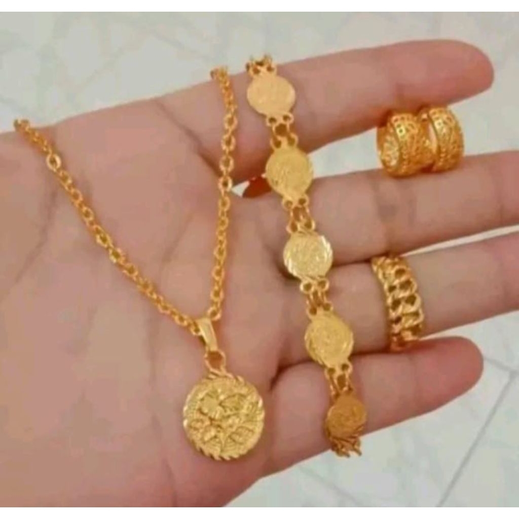 set perhiasan wanita motif koin titanium anti luntur