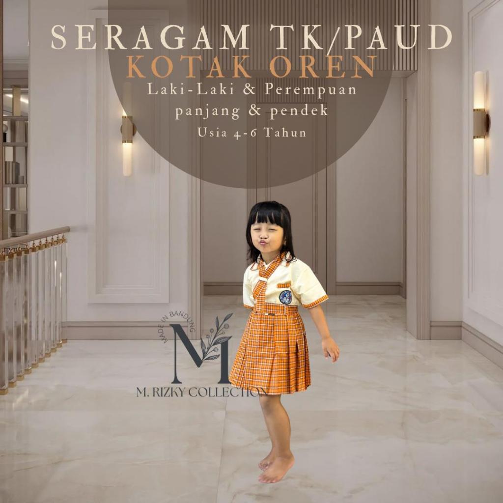 Set Seragam Kotak-Kotak Oren Orange Oranye TK/Paud Nasional Laki-Laki dan Perempuan Panjang/Pendek