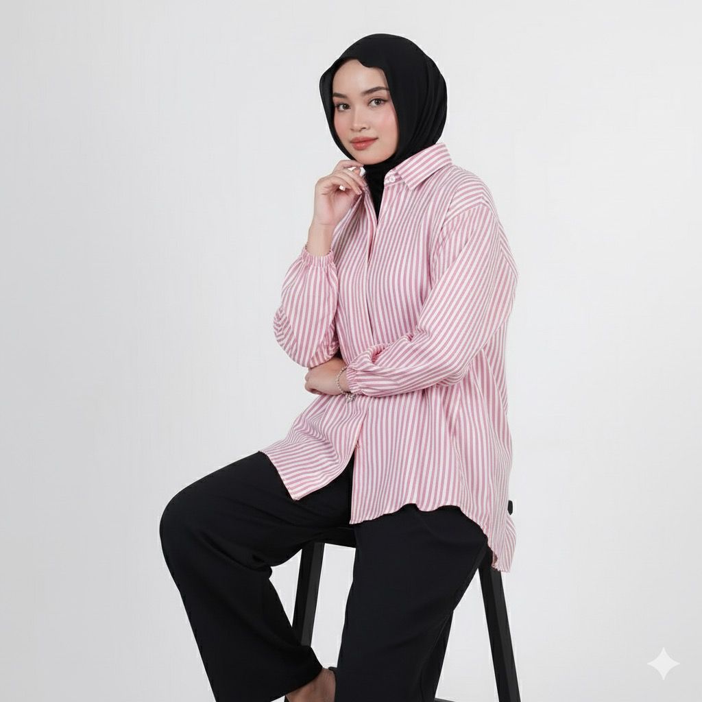 Kara Blouse Kemeja Atasan Wanita Salur Stripe Katun Garis - Garis LD Jumbo Tangan Karet Kekinian Baj