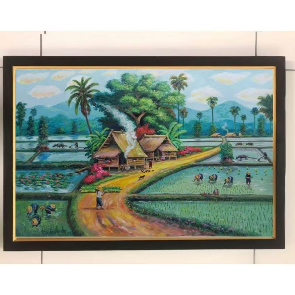 Hiasan dinding lukisan cetak pemandangan sawah hijau