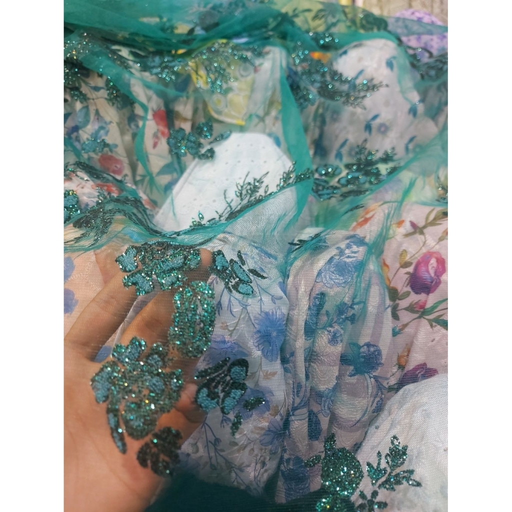 kain tile payet premium  - kain tile gliter  - kain sugar candy premium ( hijau botol) dr