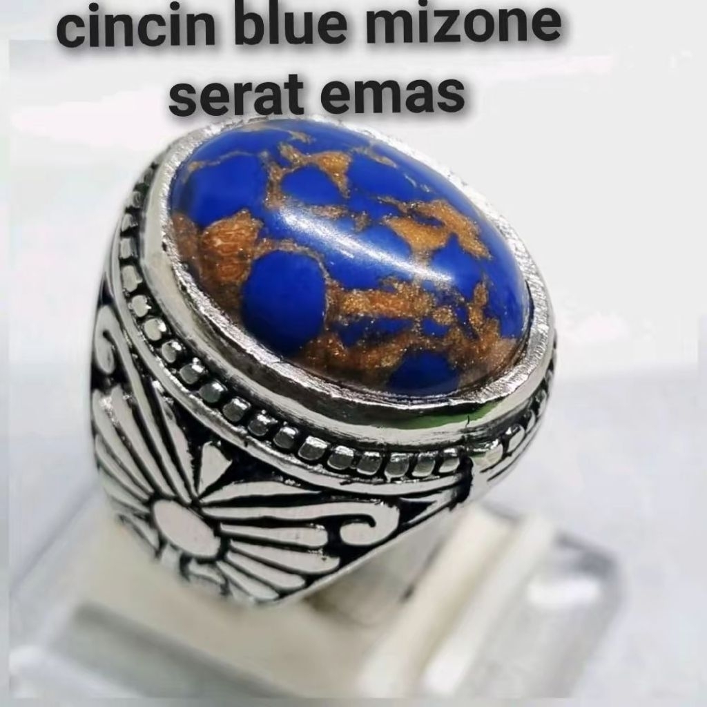 Batu cincin blue mizone serat emas batu akik pria terlaris